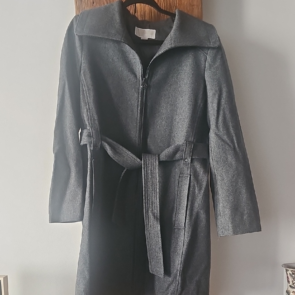 NWOT Michael By MICHAEL KORS SIZE L Women's Gray Wool Belted Coat Silver Zipper